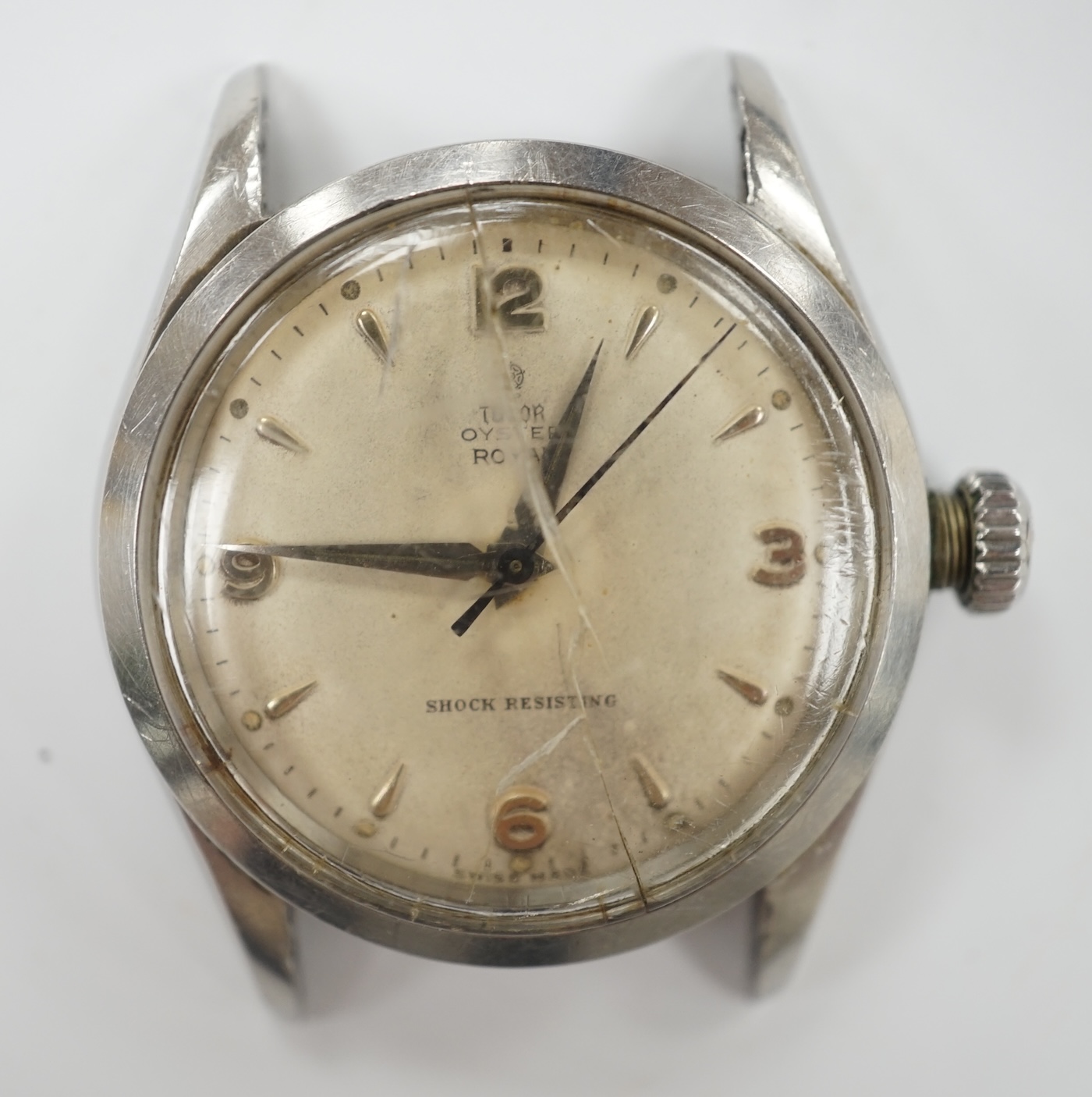 A gentleman's stainless steel Tudor Oyster Royal manual wind wrist watch, with baton and quarterly Arabic numerals, case diameter 34mm, no strap.
